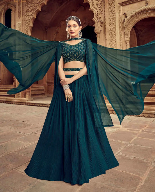 Teal Blue Hand Work Georgette Lehenga With Dupatta