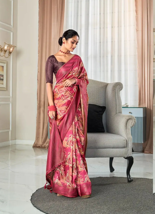 Rose pink Handloom Silk Saree With Digital Print With Big Zari Border