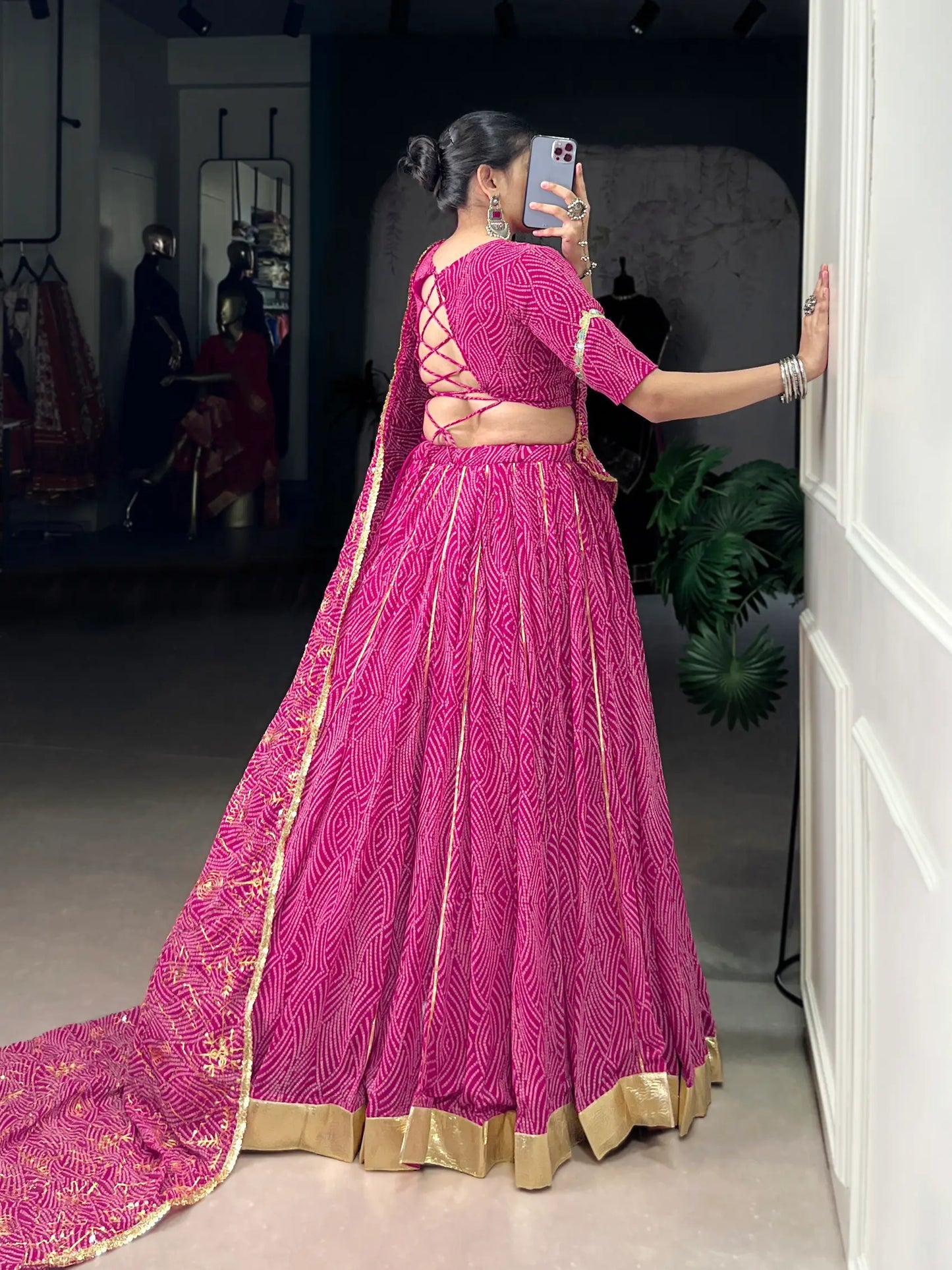 Dark Pink Georgette Lehenga Choli With Bandhej Print With Lace Touch Up