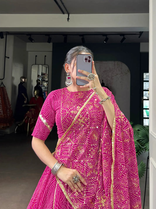 Dark Pink Georgette Lehenga Choli With Bandhej Print With Lace Touch Up