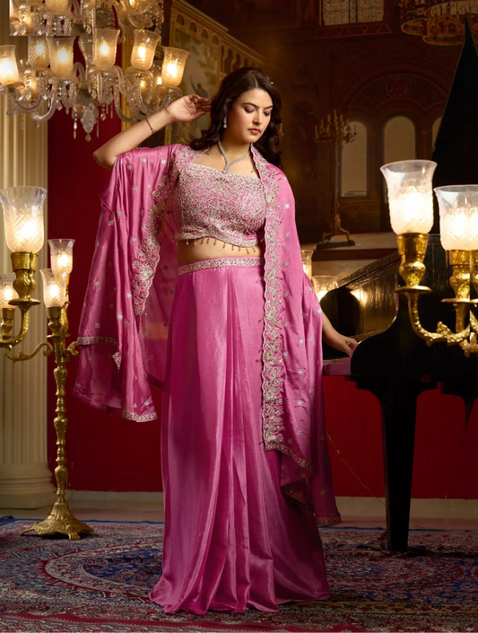 Rosy Pink Embroidery Indo Western Set
