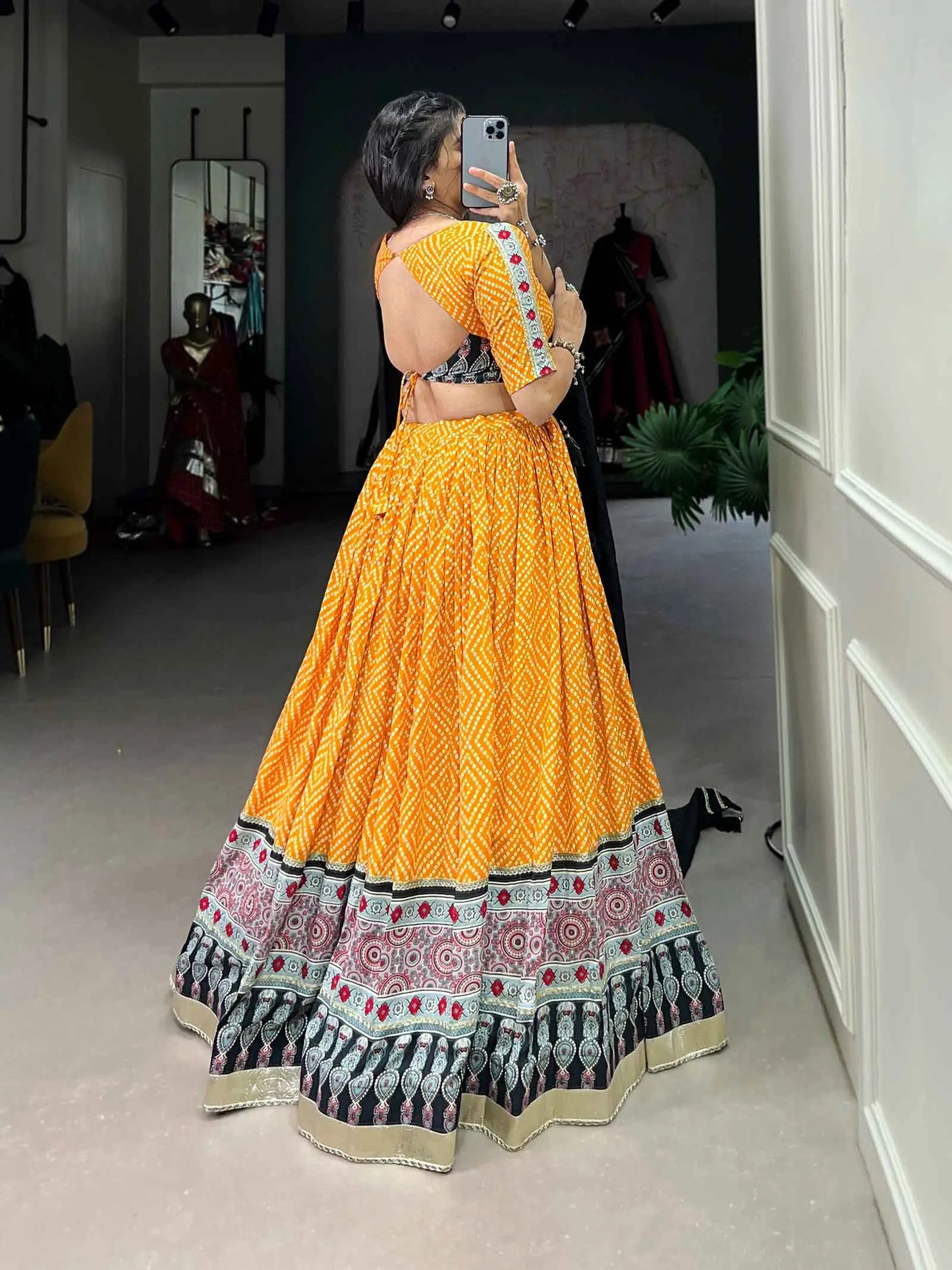 Yellow Banthej And Ajarakh Print Navratri Chaniya Choli