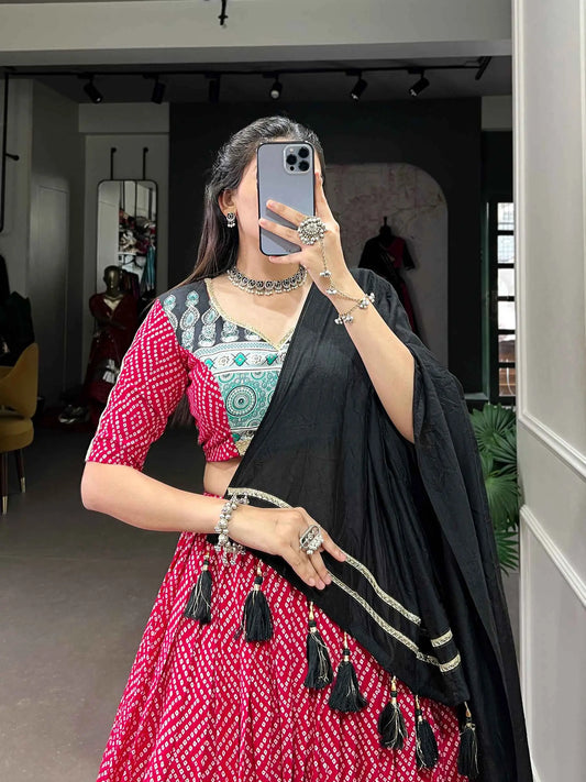 Red Banthej And Ajarakh Print Navratri Chaniya Choli