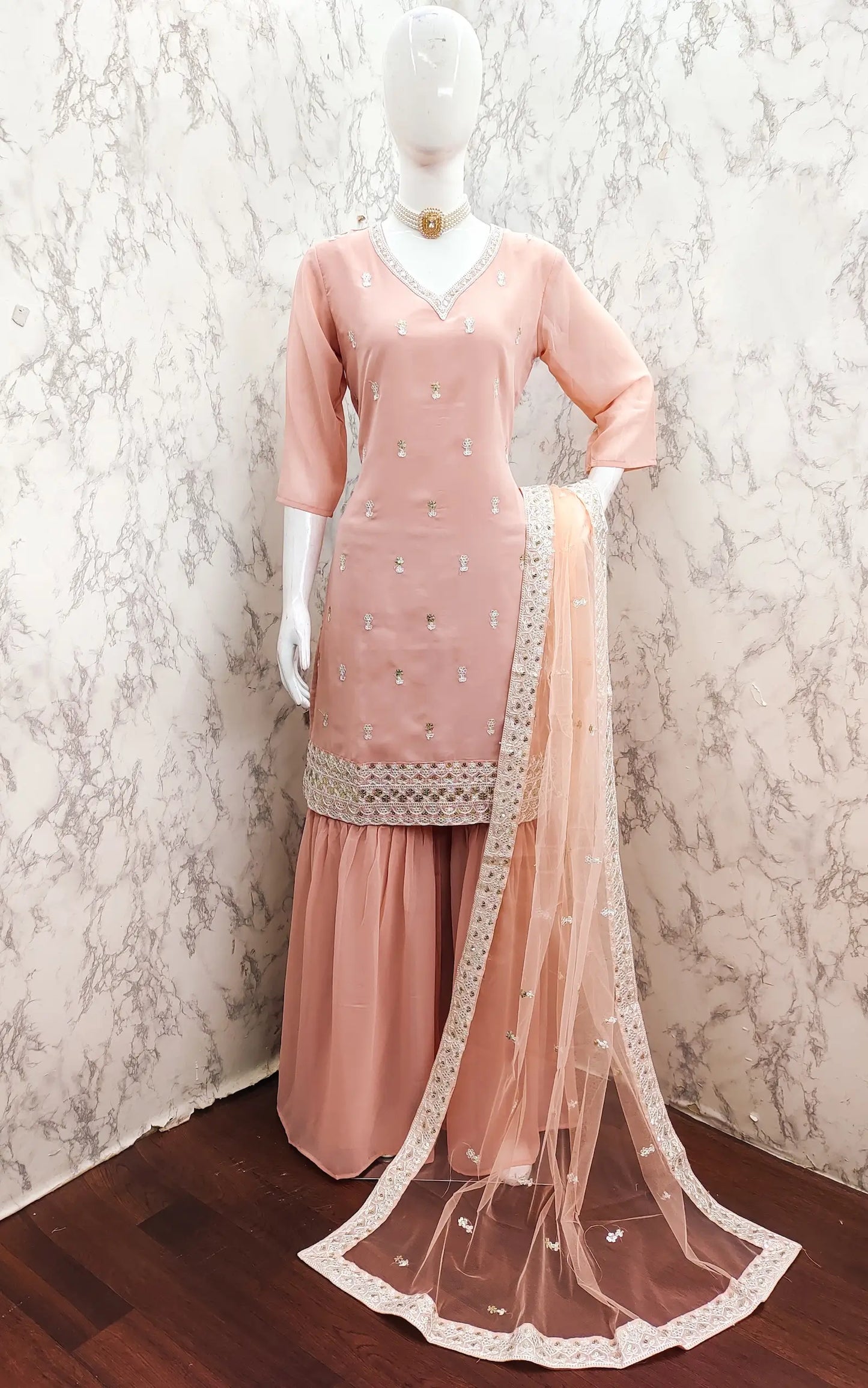 Peach Georgette Salwar Suit With Sequence Embroidery Work