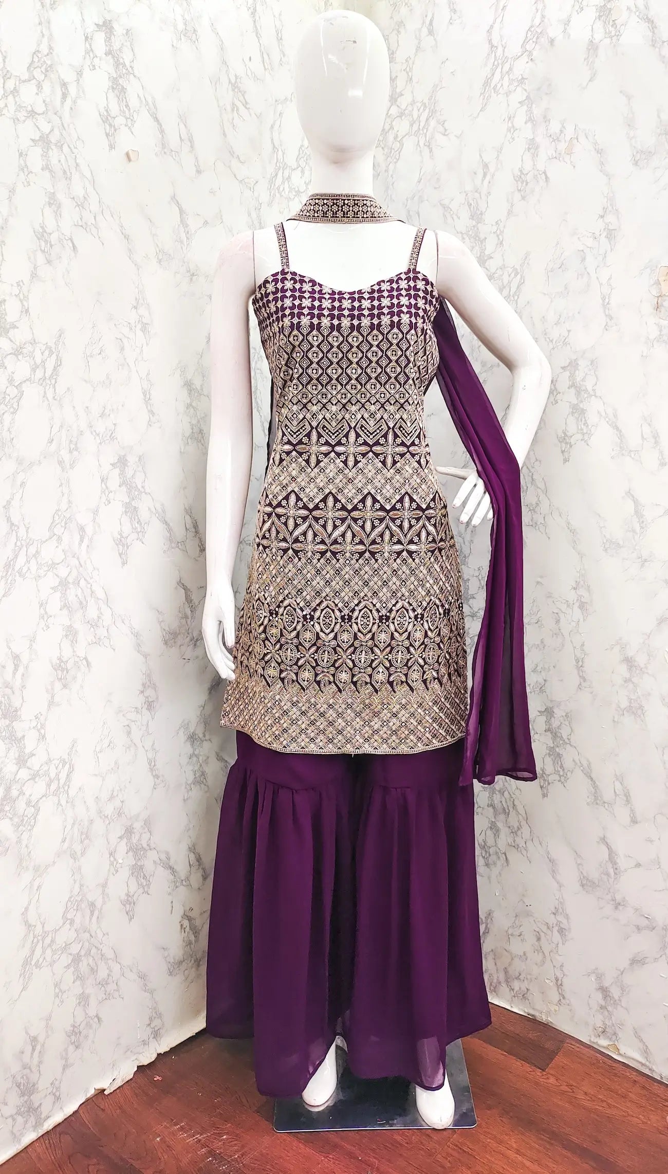 Wine Georgette Sequence Embroidery Work Salwar Suit