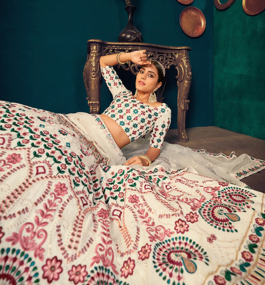 Pearl White Georgette Thread, Sequence & Gota Patti Embroidered Work Lehenga Choli