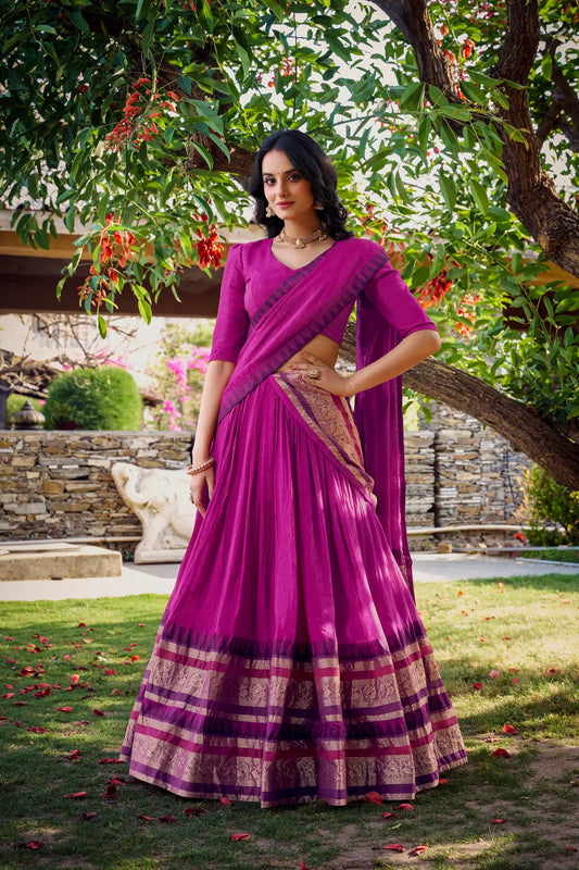 Pink Chanderi Lehenga Choli With Zari Weaving Work