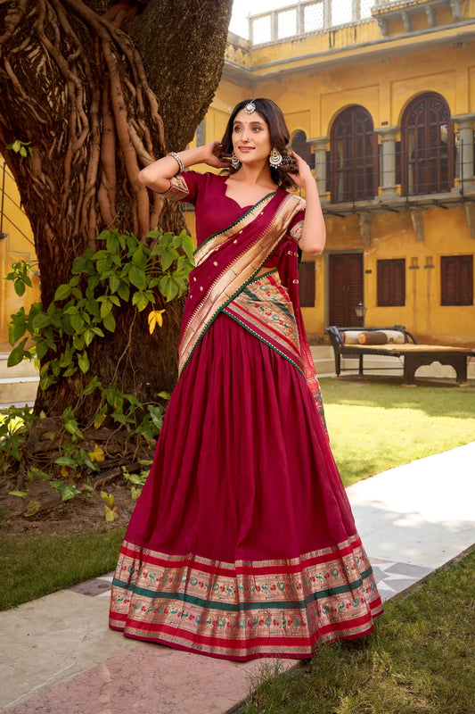 Glossy Maroon Chanderi Zari Weaving Lehenga choli