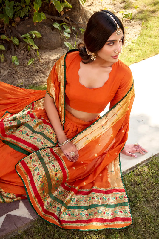 Bright Orange Chanderi Zari Weaving Lehenga choli