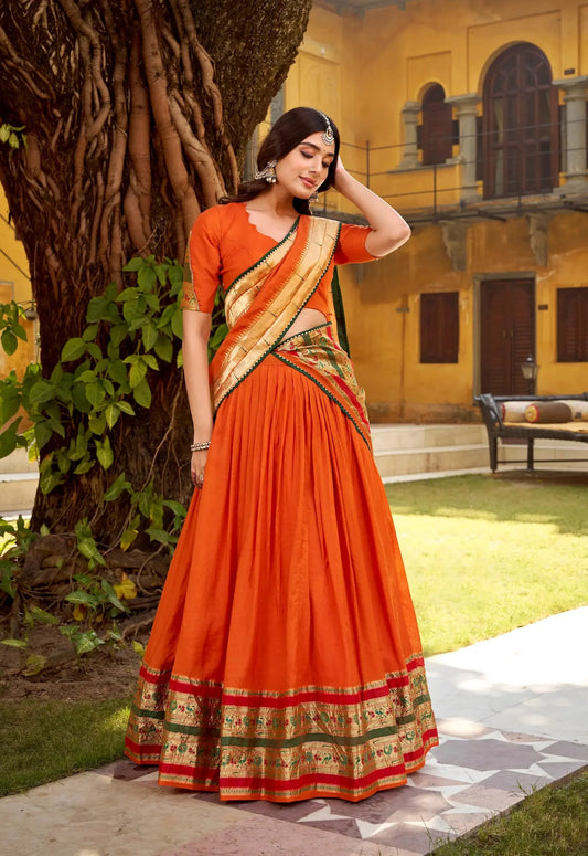 Bright Orange Chanderi Zari Weaving Lehenga choli