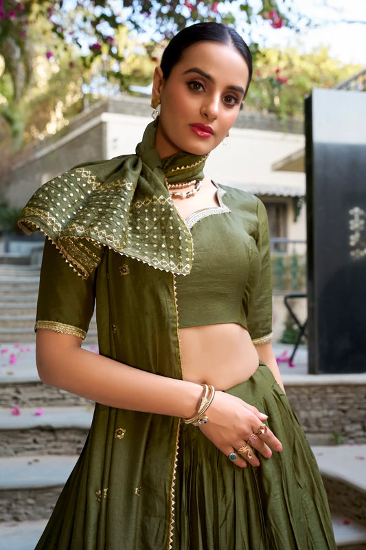 Olive Green Chanderi Silk Lehenga Choli With Zari Weaving Work