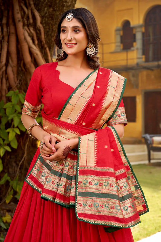 Hot Red Chanderi Zari Weaving Lehenga choli