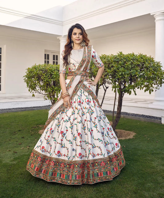 White Silk Thread with Sequence Embroidery Work Lehenga Choli
