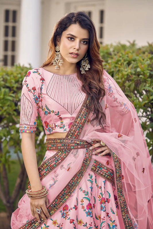 Pink Silk Thread with Sequence Embroidery Work Lehenga Choli