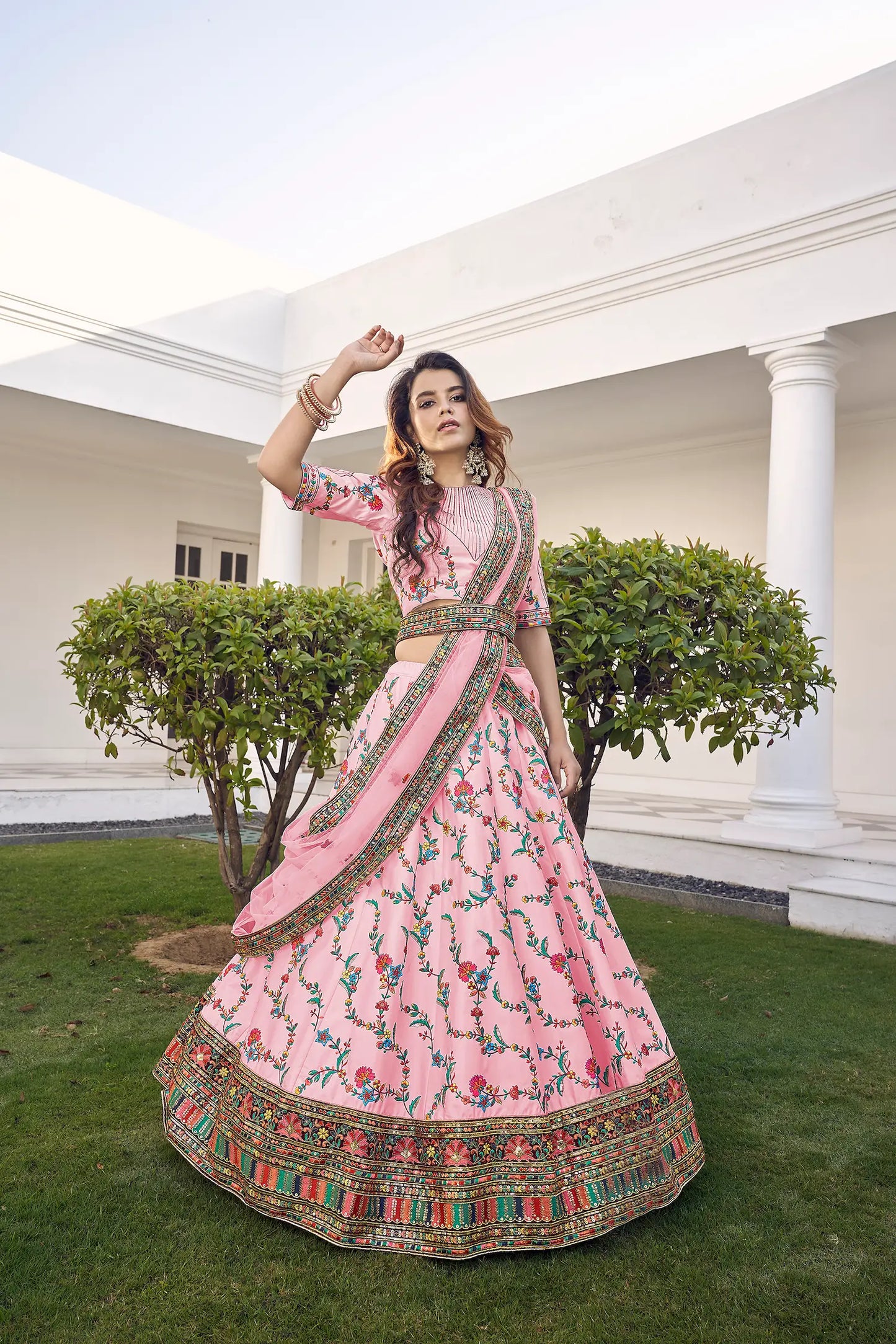 Pink Silk Thread with Sequence Embroidery Work Lehenga Choli