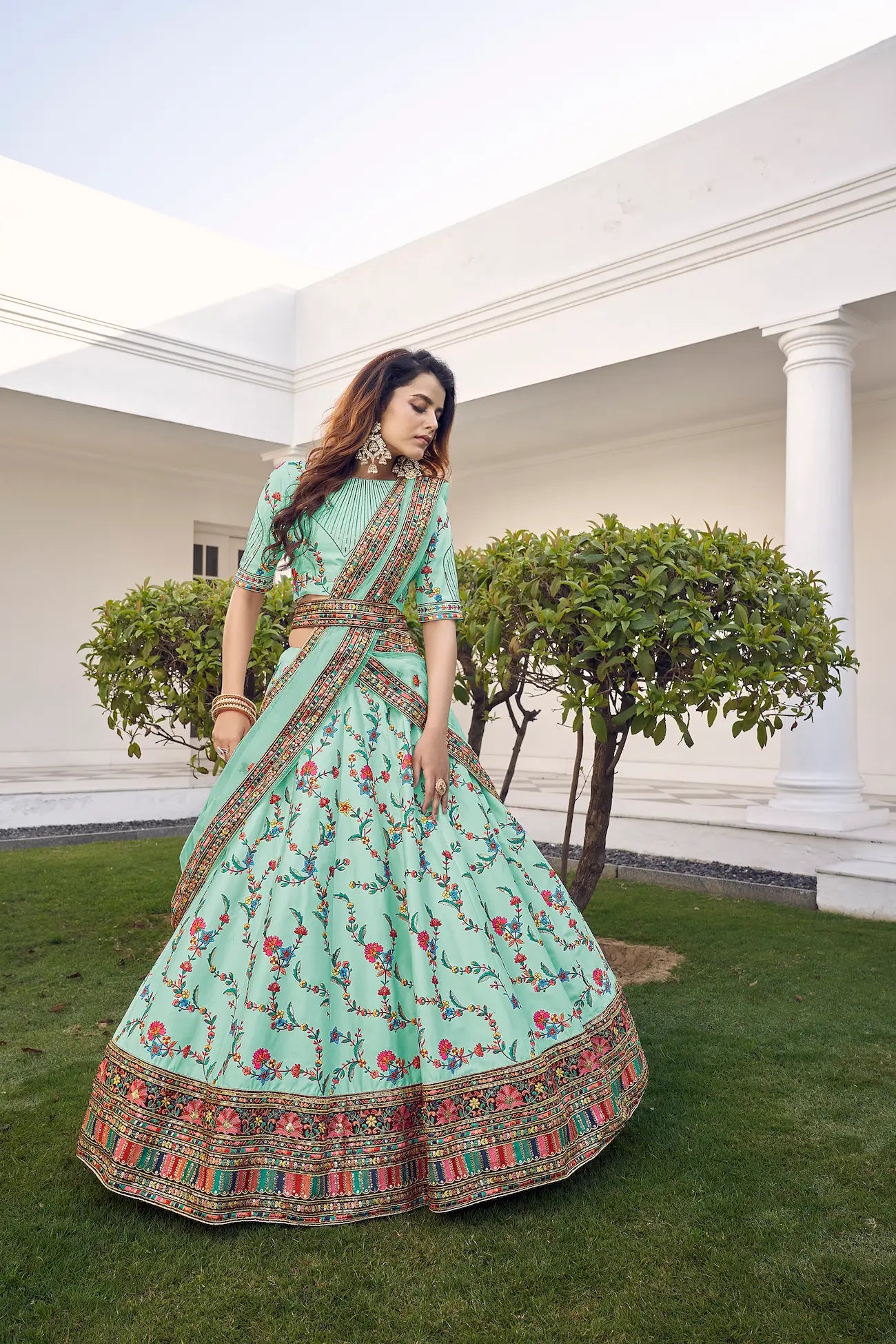 Green Silk Thread with Sequence Embroidery Work Lehenga Choli