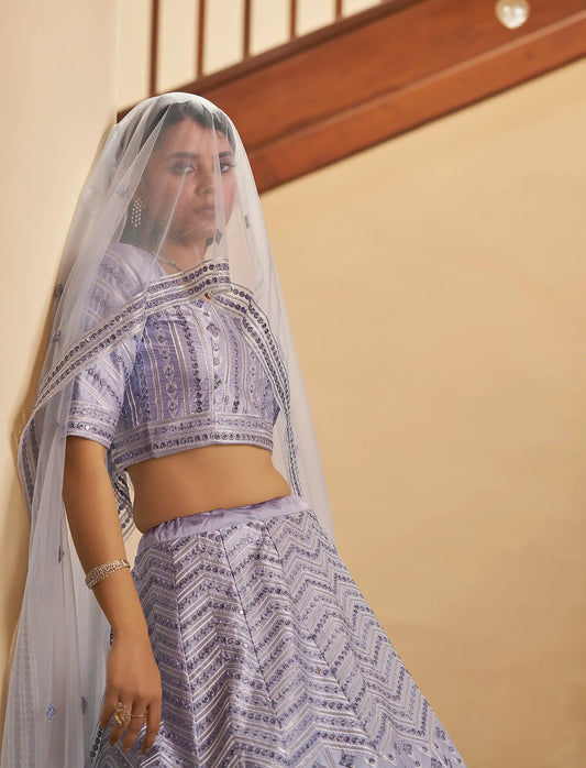 Lavender Silk Thread with Sequence Embroidery Work Lehenga Choli