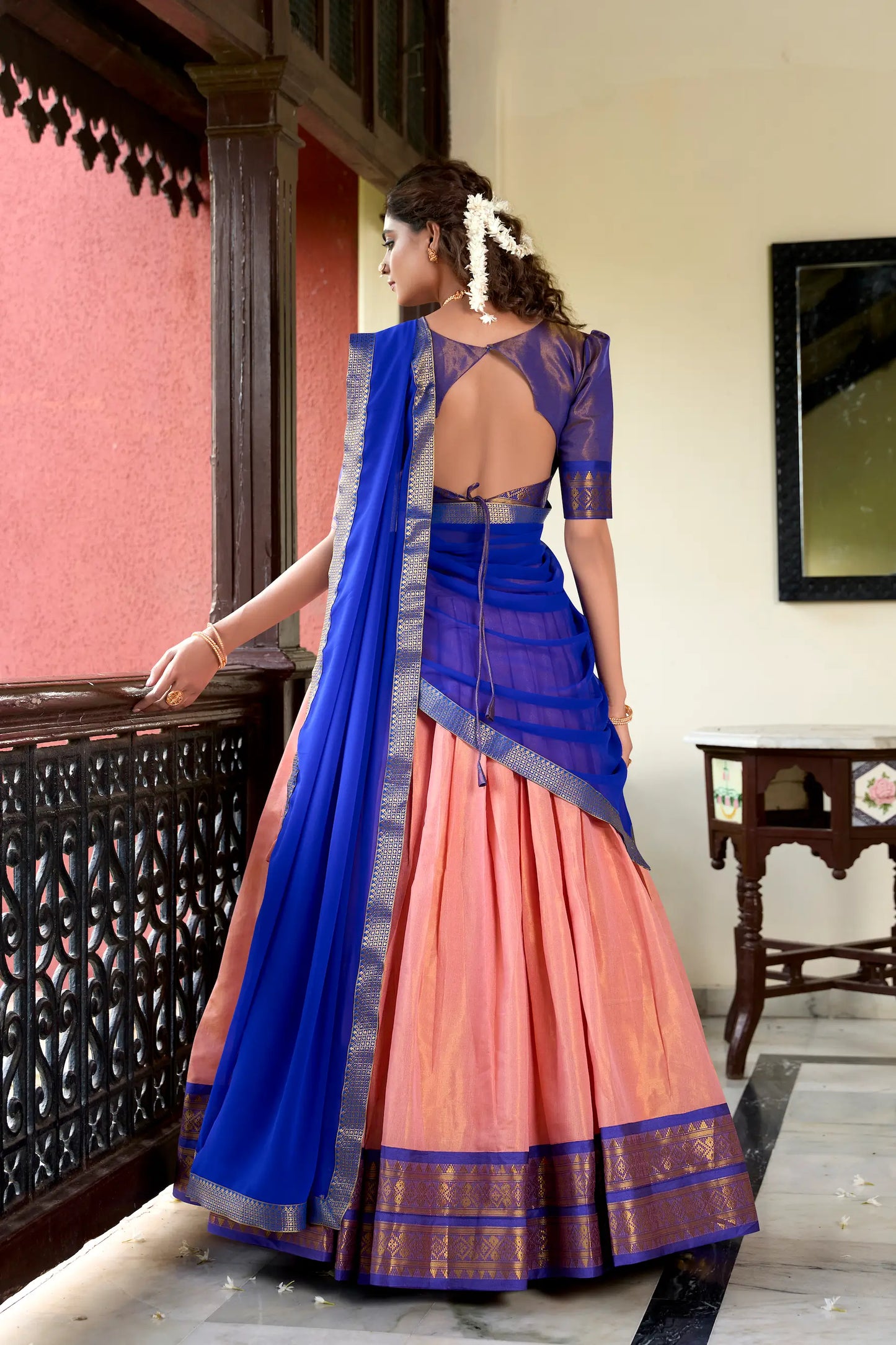 Peach Kanchipuram Zari Weaving Work Lehenga Choli