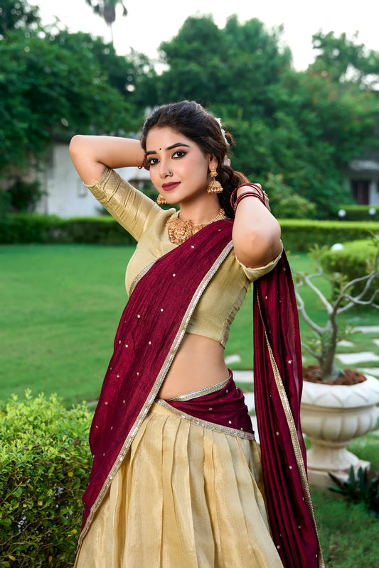 Beige Kanchipuram Zari Weaving Work Lehenga Choli