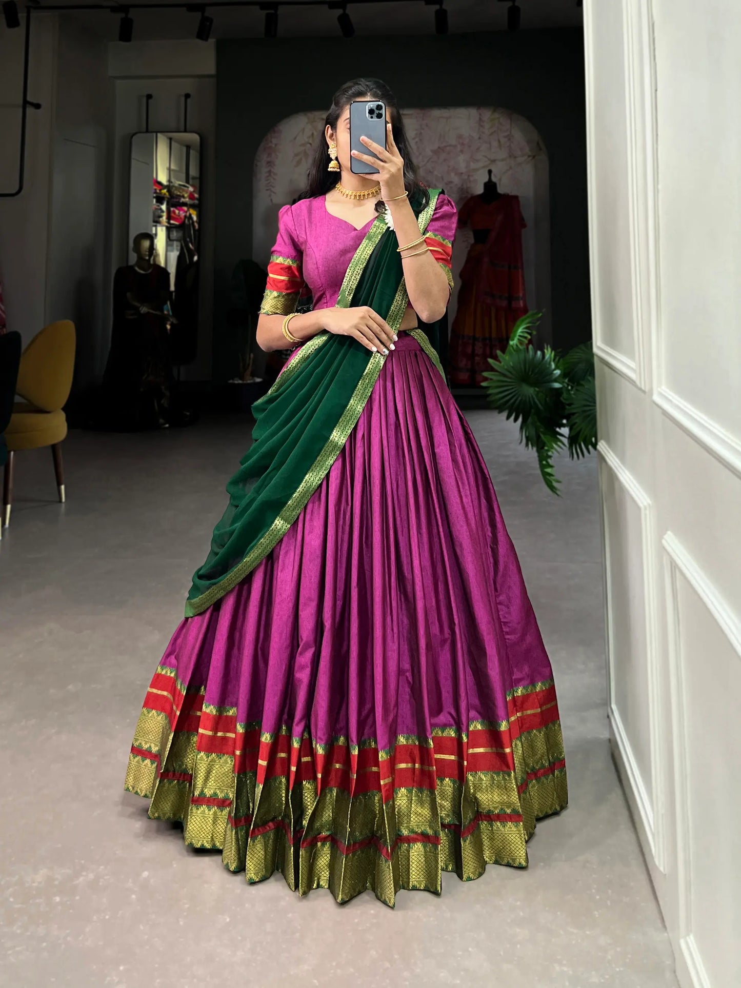 Dark Pink Poly Cotton Lehenga Choli with Zari Weaving Work