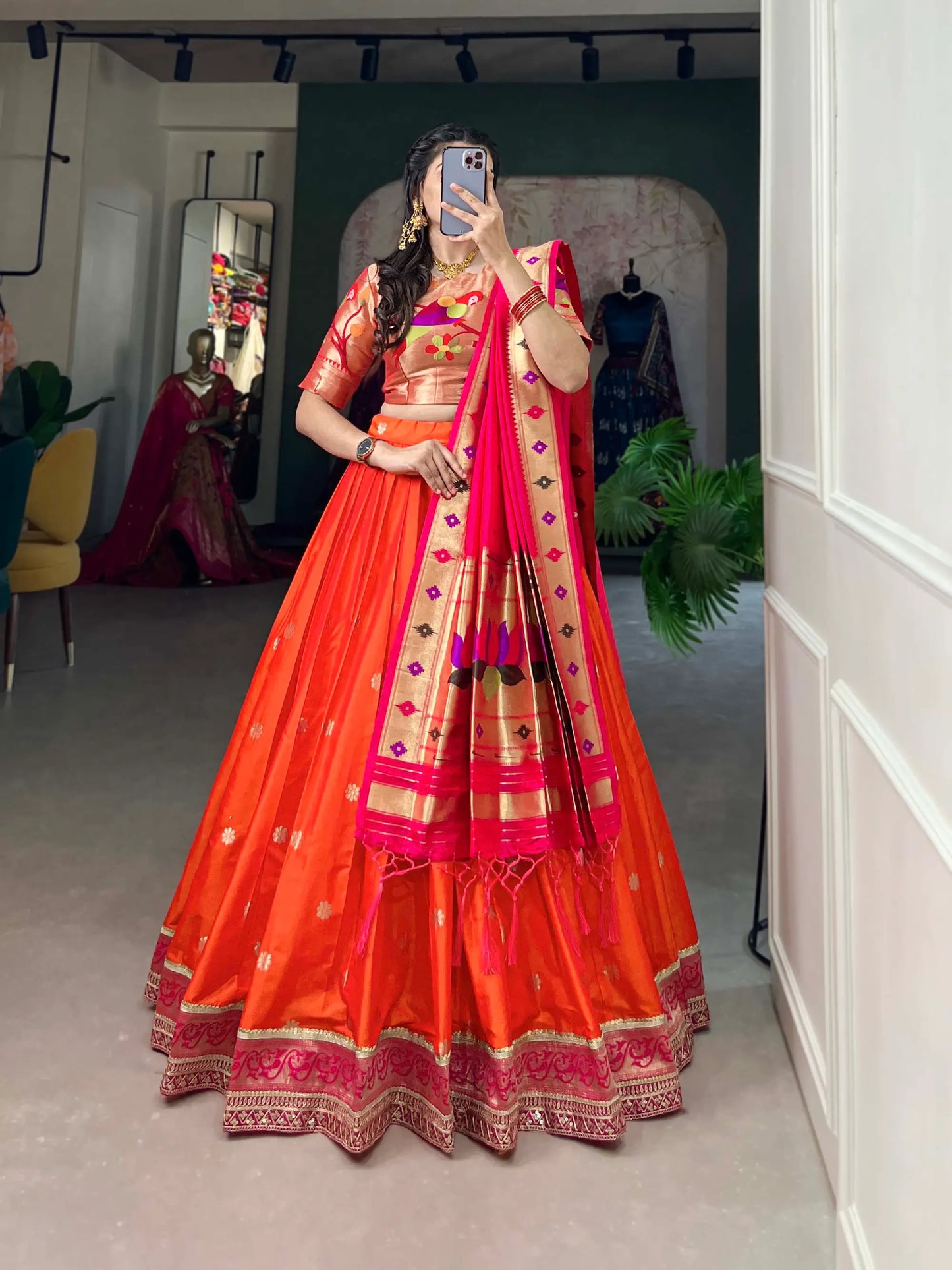 Orange Jacquard Silk Lehenga Choli With Zari Weaving Work