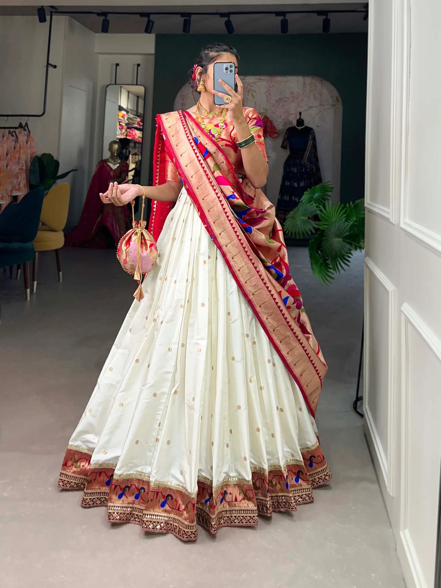 White Jacquard Silk Lehenga Choli With Zari Weaving Work