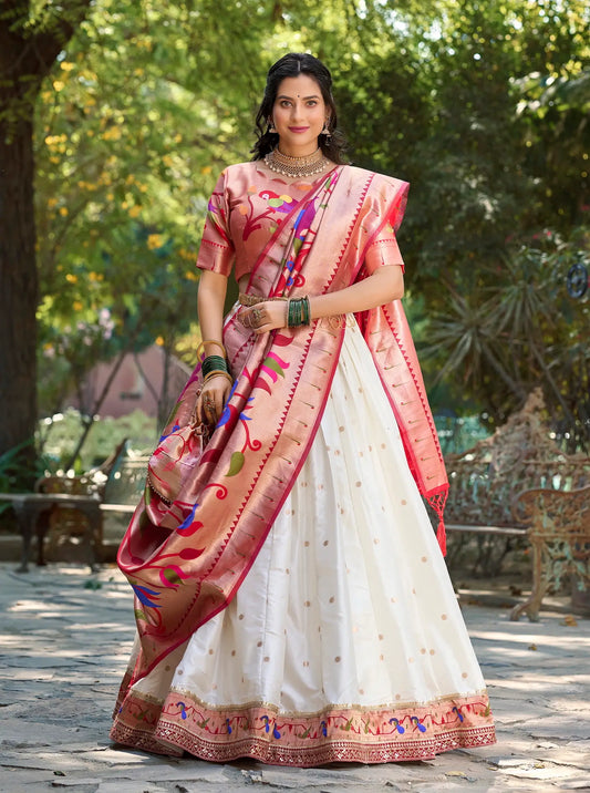 White Jacquard Silk Lehenga Choli With Zari Weaving Work