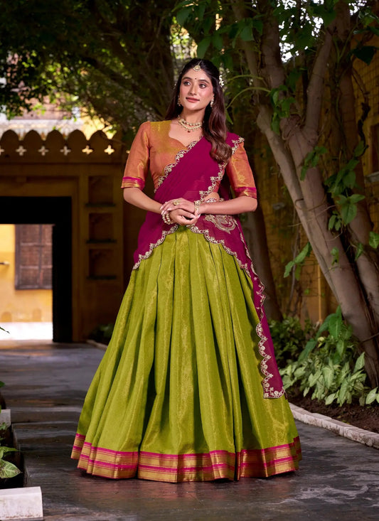 Olive Green Kanchipuram Zari Weaving Work Lehenga Choli
