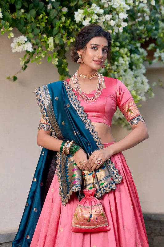 Light Pink Jacquard Silk Paithani Lehenga Choli With Zari Weaving Work & Embroidery Lace Border