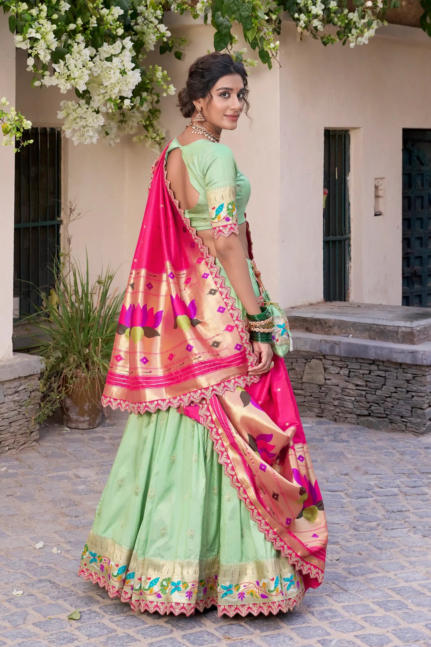 Pista Green Jacquard Silk Paithani Lehenga Choli With Zari Weaving Work & Embroidery Lace Border