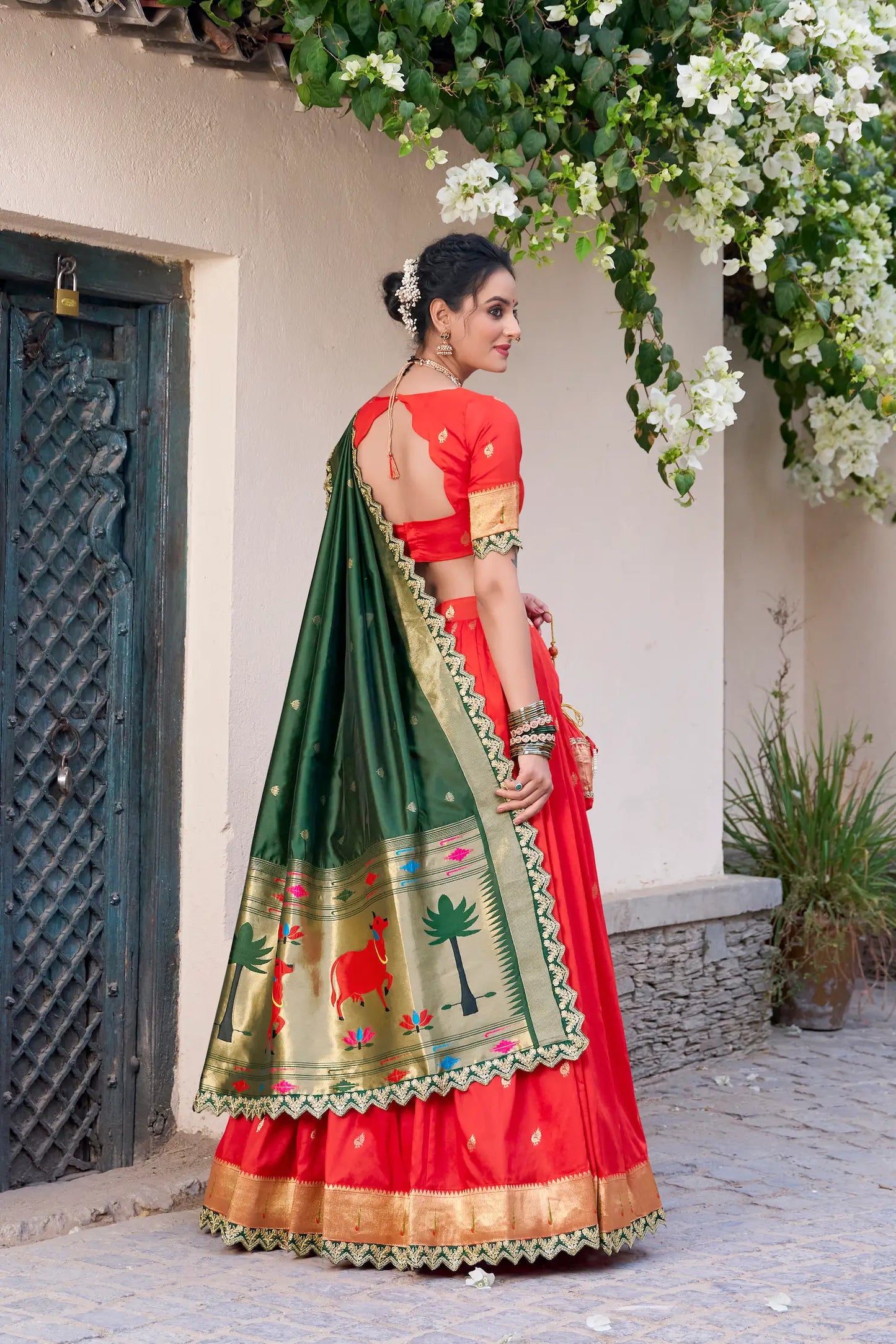 Bright Red Jacquard Silk Paithani Lehenga Choli With Zari Weaving Work & Embroidery Lace Border