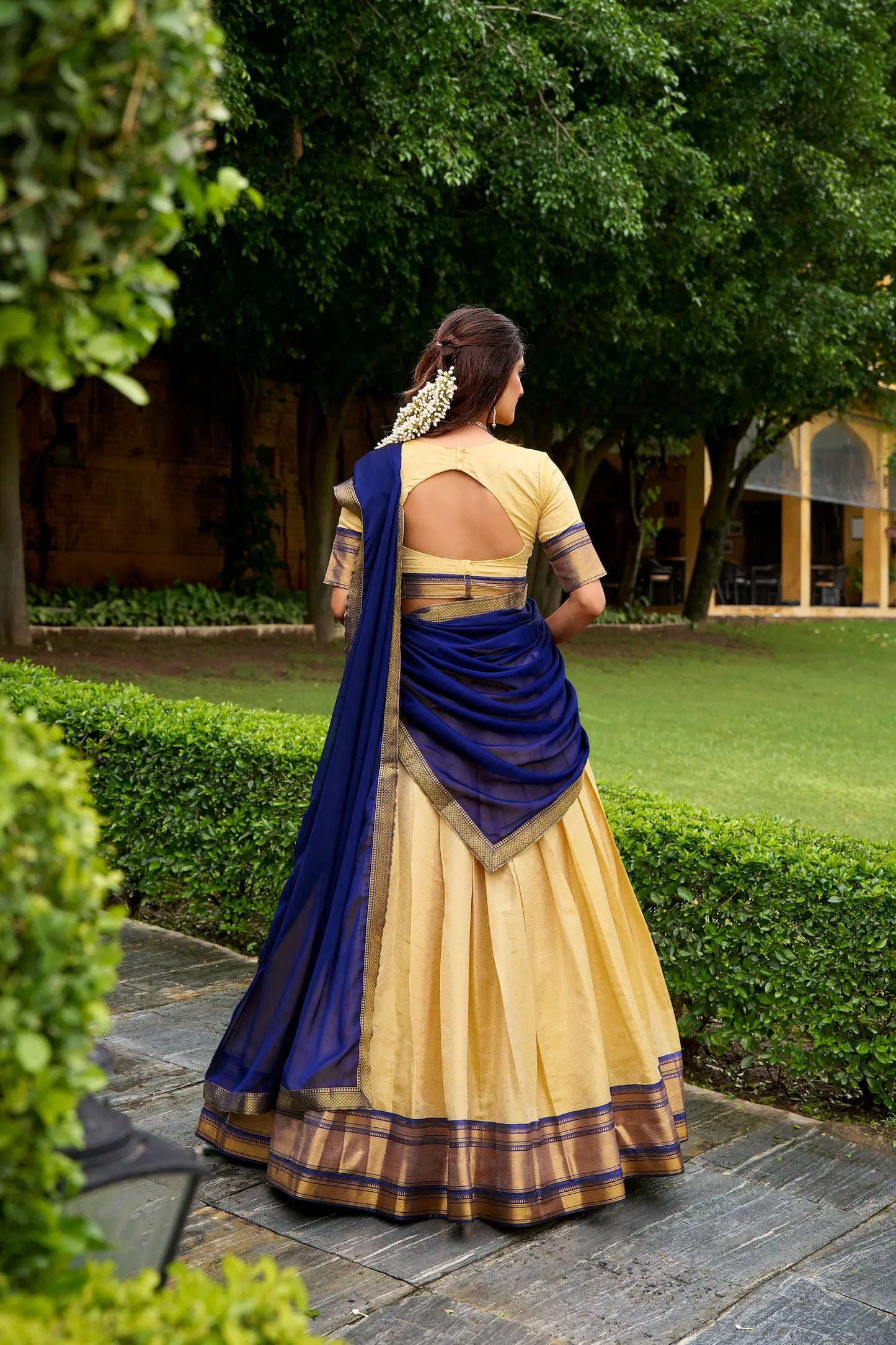 Beige-Navy Blue Zari Weaving Kanchipuram Lehenga Choli