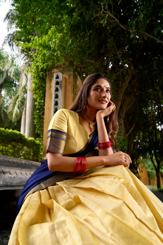 Beige-Navy Blue Zari Weaving Kanchipuram Lehenga Choli