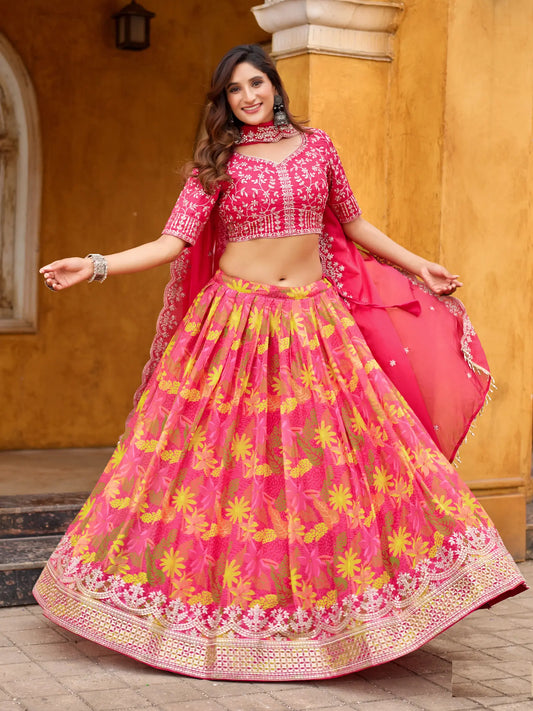 Hot Pink Taby Silk Floral Print & Embroidery Work Lehenga Choli