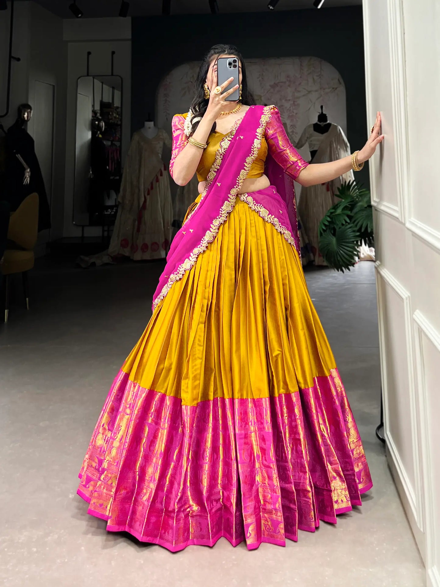 Mustard South Indian Lehenga choli With Zari Weaving Work & Sequins Embroidery