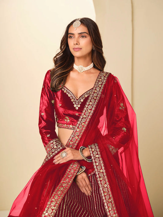 Chili Red Velvet Lehenga Choli With Embroidery