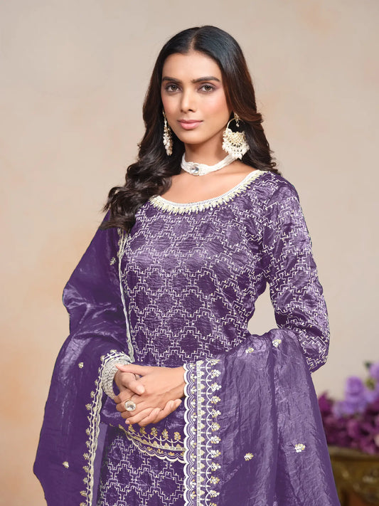 Purple Gold Crush Thread & Sequence Embroidery Work Palazzo Suit