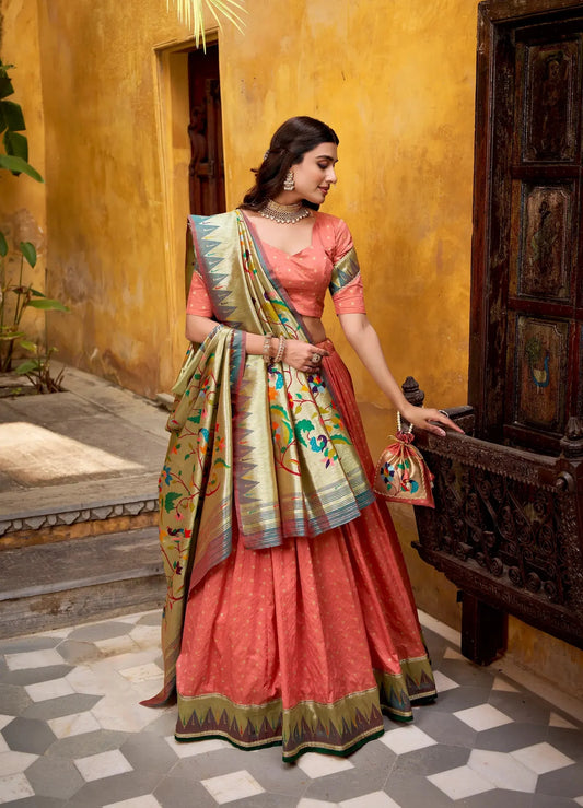 Peach Pink Zari Weaving Paithani Lehenga Choli