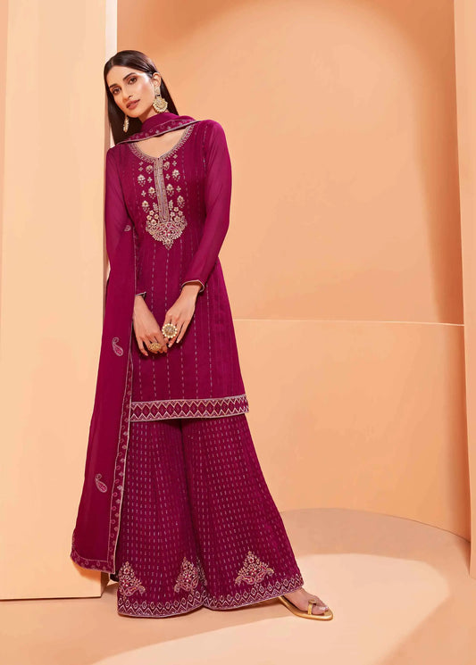 Magenta Sequins Embroidery Work Georgette Sharara Set With Dupatta