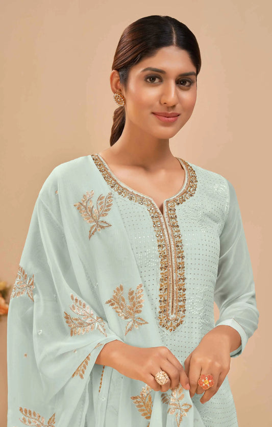 Sky Blue Sequins Embroidery Work Georgette Salwar Suit With Dupatta