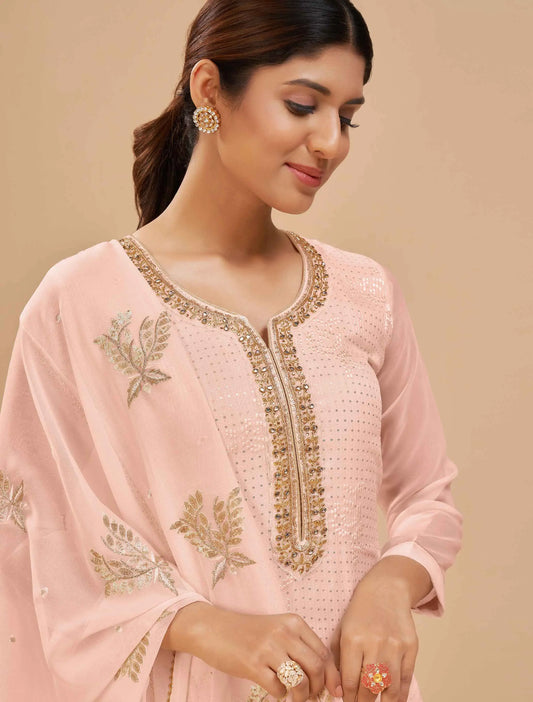 Peach Georgette Sequins Embroidery Work Salwar Suit With Dupatta