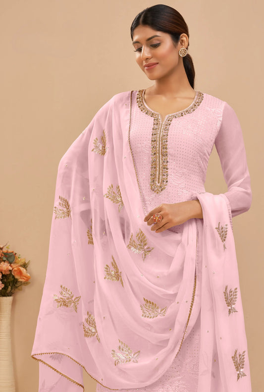 Soft Light Pink Georgette Sequins Embroidery Work Salwar Suit With Dupatta