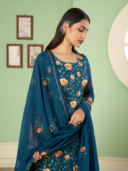 Cerulean Blue Heavy Embroidered Georgette Palazzo Set With Dupatta