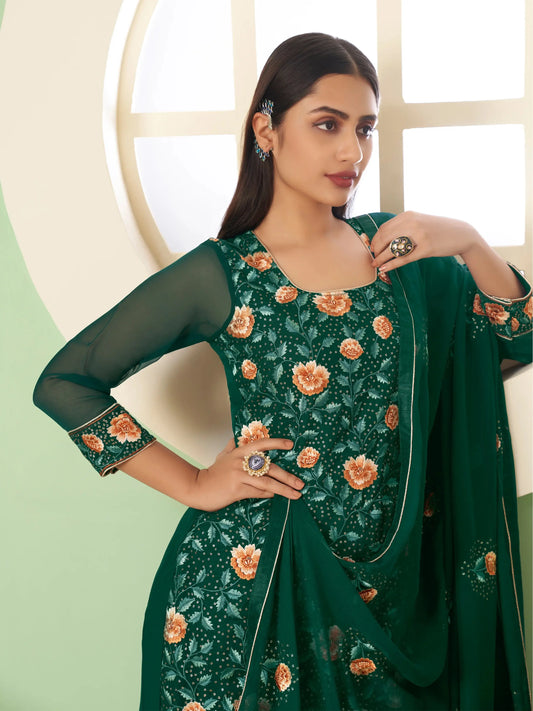 Green Heavy Embroidered Georgette Palazzo Set With Dupatta