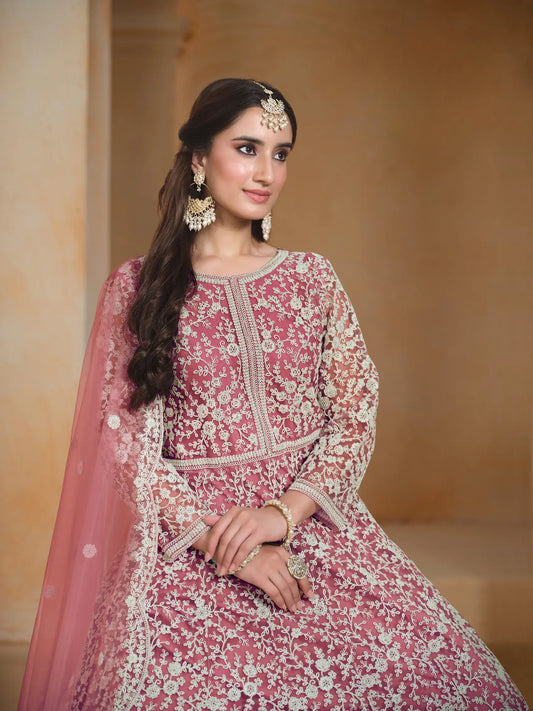 Light Pink Net Gown With Sequence & Thread Embroidery Work