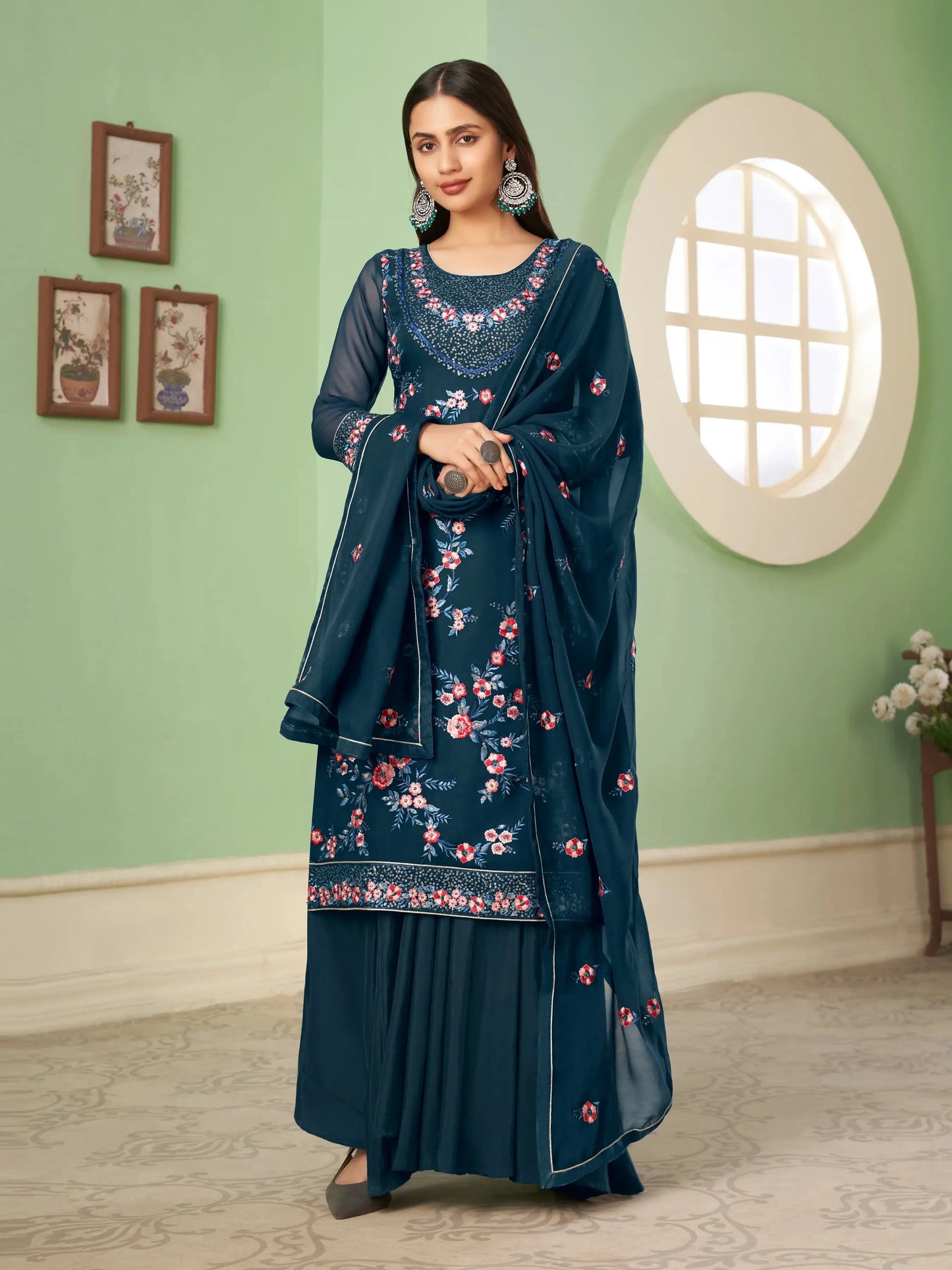 Aegean Blue Heavy Multi-thread Embroidery Work Georgette Palazzo Suit