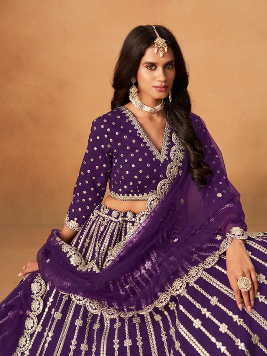 Purple Art Silk Paper Mirror & Embroidery Lehenga Choli