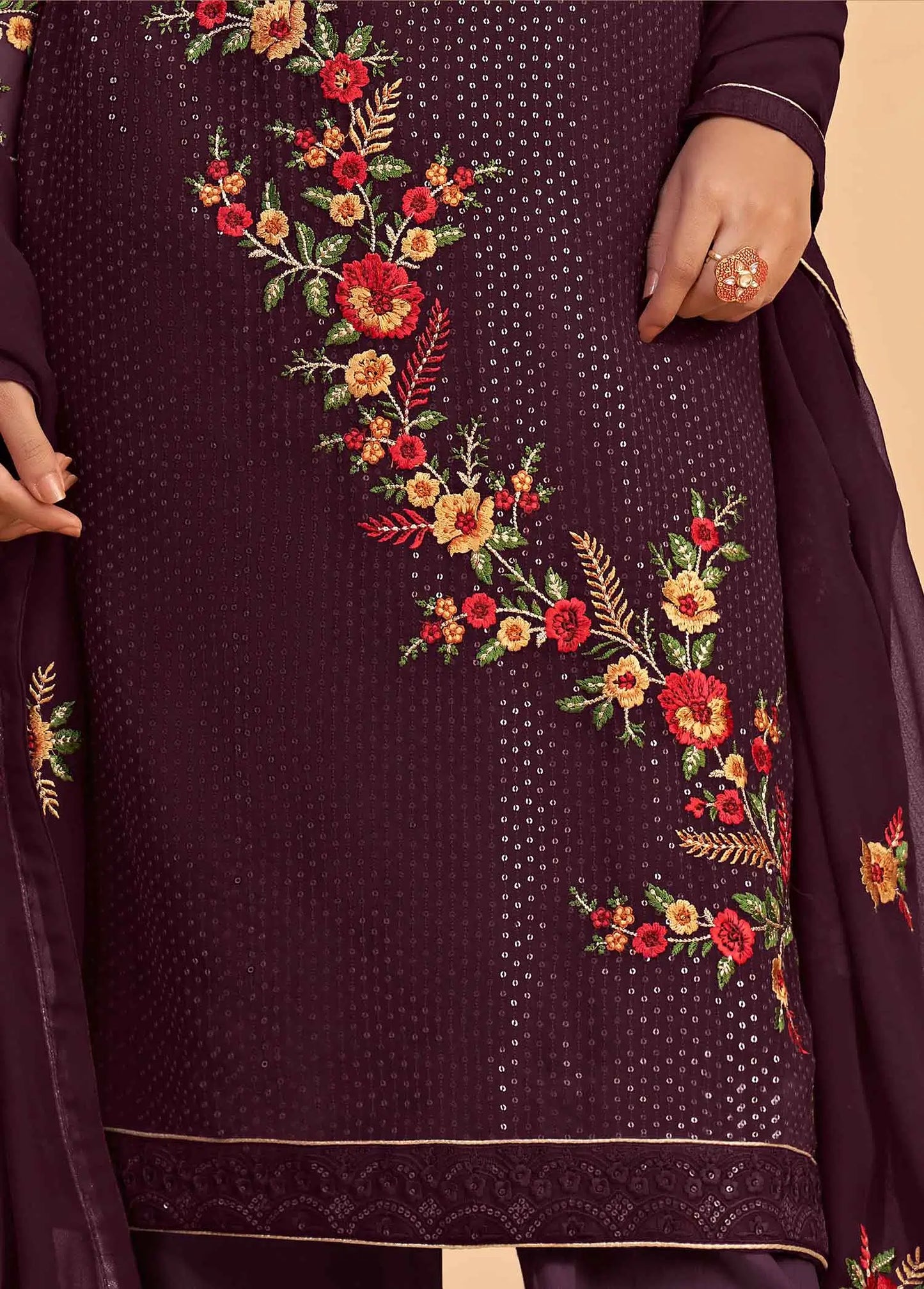 Wine Georgette Sequins Embroidery Work Salwar Suit With Dupatta