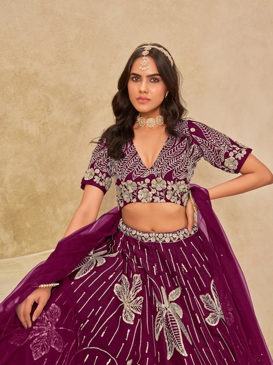 Wine Art Silk Lehenga Choli With Sequins Embroidery