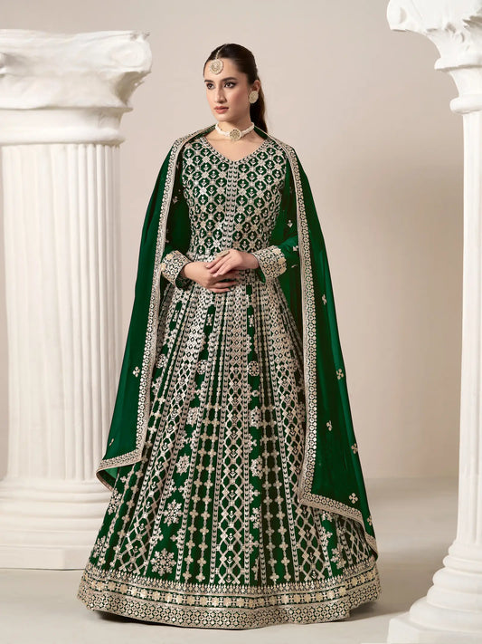 Green Georgette Gown With Sequence & Thread Embroidery Work